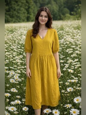 Joe Fresh - Mustard, 100% Cotton, Midi Dress. Large - pit to pit is 22"